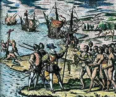 Tainos welcome Columbus into New World